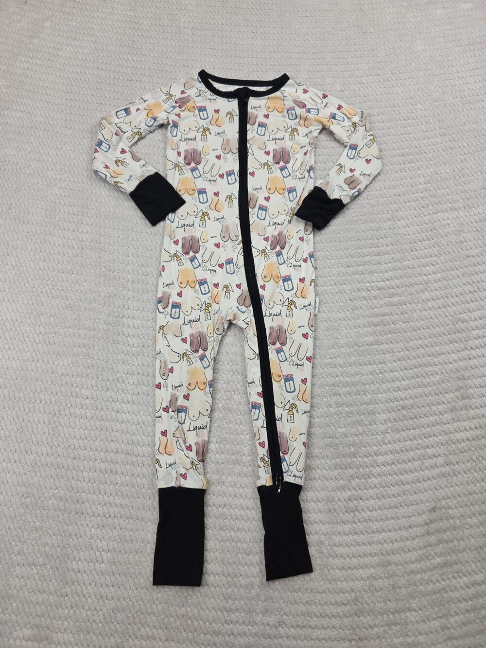 Little Frugals Sleeper Size 18/24 Months Liquid Gold Boobies Bamboo Full Zip